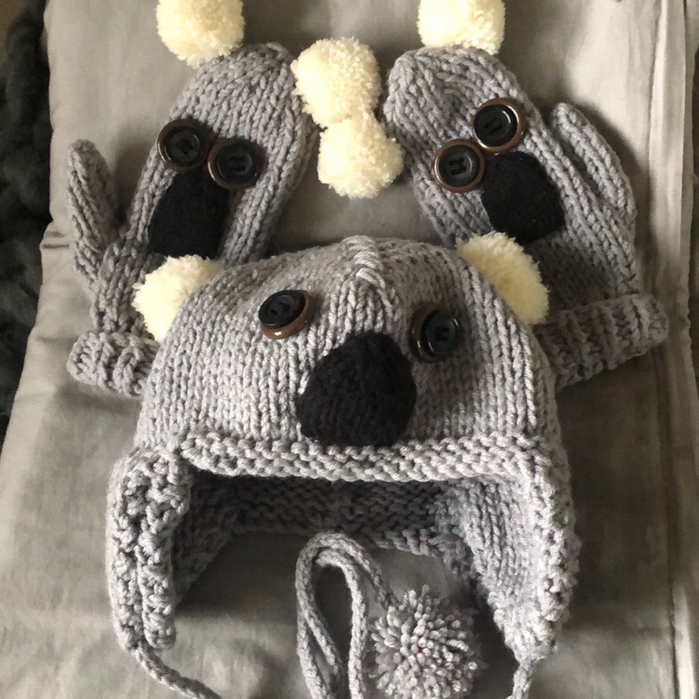 Hand Knitted Koala Hat & Mittens